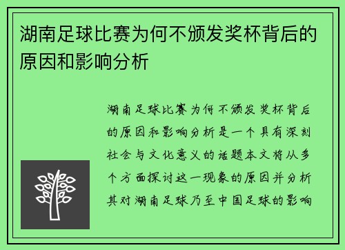 湖南足球比赛为何不颁发奖杯背后的原因和影响分析